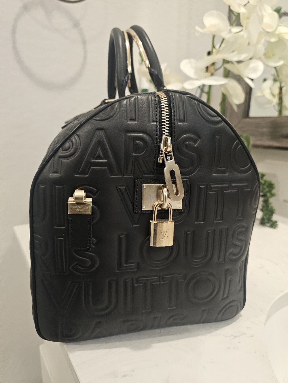 Louis Vuitton Black Embossed Paris Speedy Cube Bag